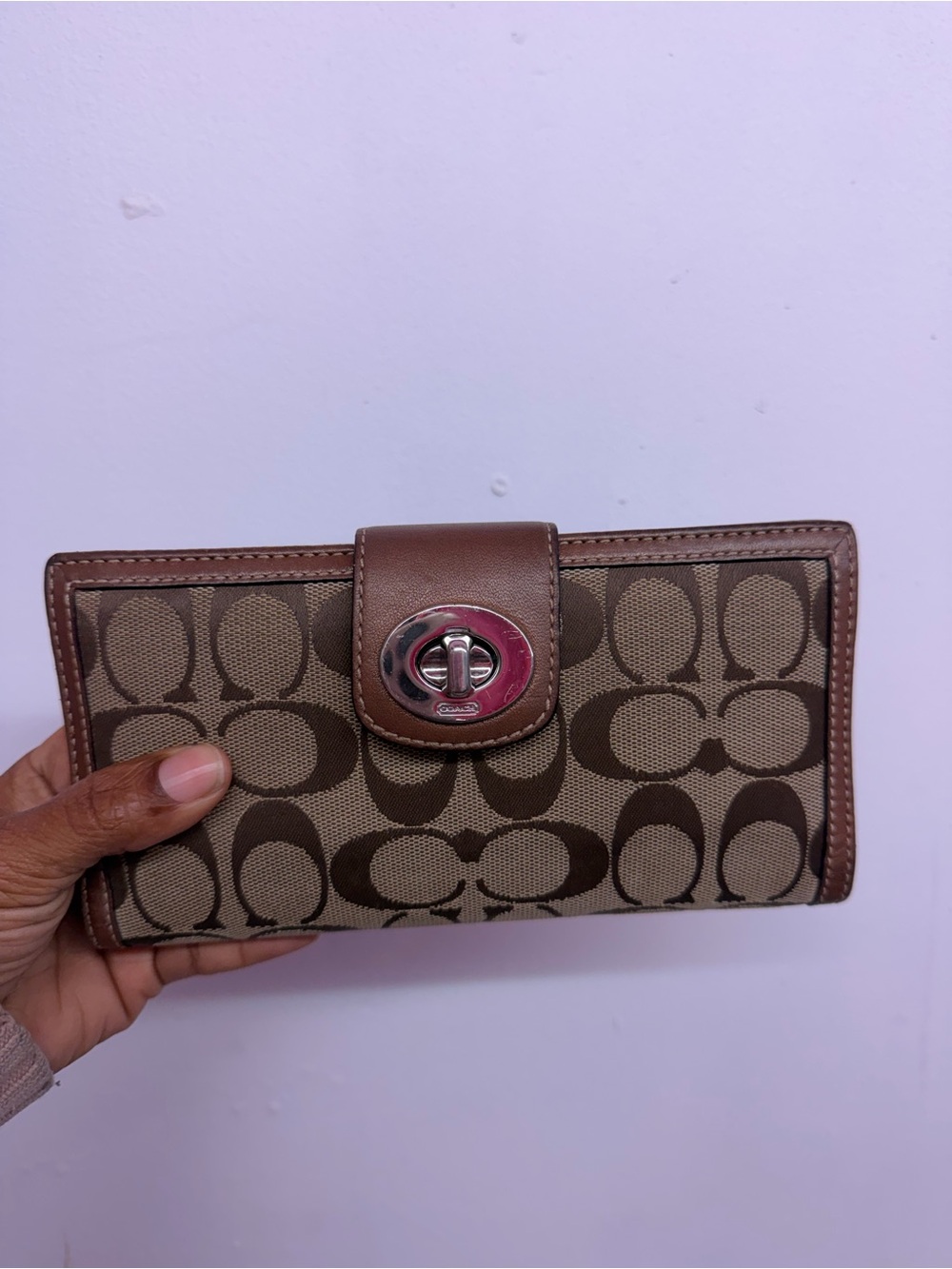Coach Brown Signature Canvas Wallet with Turnlock